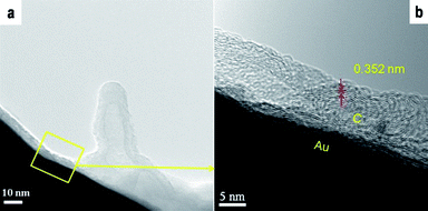 (a) Short-time formation of CNTs on Au grid surface and (b) short-range crystalline carbon layers covered on Au surface in a thermal CVD process at 850 °C for 5 min.