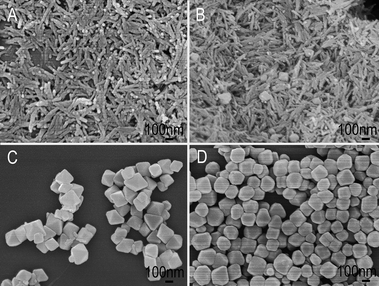 (A–D) FESEM images of the Mn3O4 nano-octahedrons for different reaction times: (A) 1.5 h; (B) 2 h; (C) 3 h; (D) 8 h.