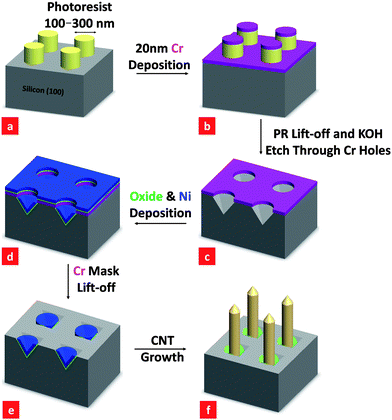 Process flow for the synthesis of arrays of carbon nanofibers (CNFs) using Ni nanoparticles as catalysts. Appropriate scanning electron micrographs are shown in Fig. 2.