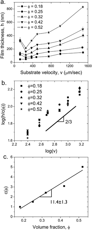 (a) Film thickness as a function of substrate velocity at different particle volume fractions, ϕ. At the lowest velocity the deposition is driven by convection deposition mechanism and thereafter by Landau-Levich process. The films were deposited using a blade at an angle α = 25° and a gap d = 200 μm. (b) Scaling the film thickness with c(ϕ) results in a master curve, where h ∼ v0.62± 0.05, in agreement with eqn (4). (c) Scaling constant c as a function of volume fraction. The best fit line has a slope of 11.4 ± 1.3.