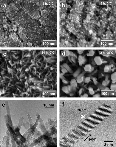 SEM images of the surface of the substrates after the reaction with the aqueous 0.2 M Na2O2 solution: (a) At 0 °C for 2 h; (b) At 0 °C for 6 h; (c) At 0 °C for 24 h; (d) At 95 °C for 2 h. (e) TEM image of ZnO nanorods that had been detached from the substrate after reaction of a Zn foil with an aqueous 0.2 M Na2O2 solution at 0 °C for 24 h. (f) HR-TEM image of a ZnO nanorod synthesized via reaction of a Zn foil with an aqueous 0.2 M Na2O2 solution at 0 °C for 24 h.