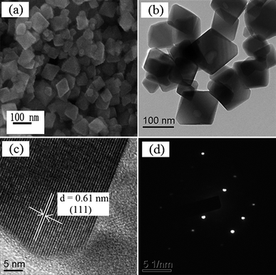 SEM (a), TEM (b), HRTEM images (c), and typical SAED pattern (d) of the HSN sample prepared at 160 °C.