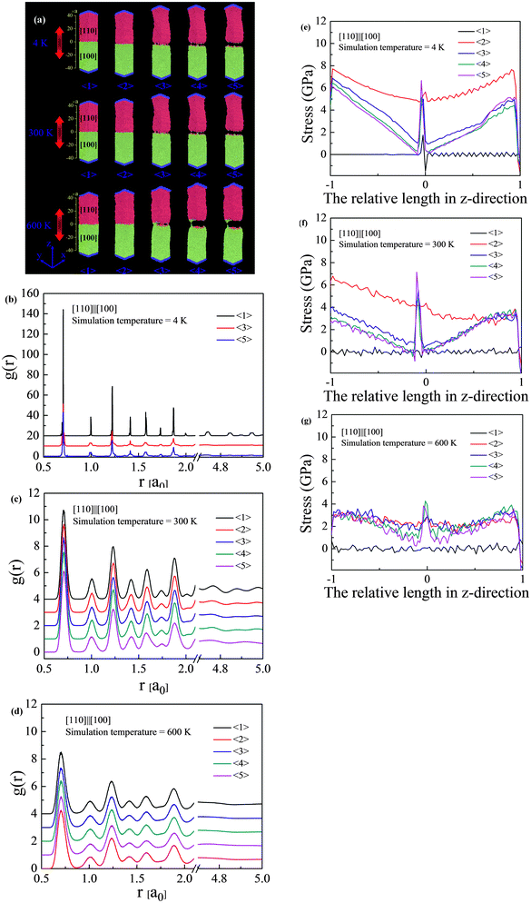 The deformation behavior of [110]‖[100] nanocrystalline copper. (a) Deformation behavior of [110]‖[100] subjected to uniaxial strain at 4, 300 and 600 K (a stands for lattice constant of copper, 0.362 nm). In detail, the strain ε from <1> to <5> at 4 K is 0.000, 0.065, 0.149, 0.169 and 0.189; ε at 300 K is 0.000, 0.040, 0.150, 0.223 and 0.248; ε at 600 K is 0.000, 0.033, 0.167, 0.251 and 0.262. Radial distribution function (RDF) of [110]‖[100] at (b) 4, (c) 300 and (d) 600 K. Stress distribution of [110]‖[100] at (e) 4, (f) 300 and (g) 600 K.