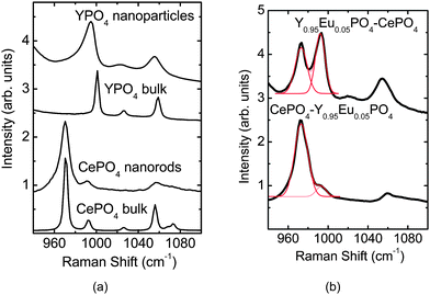 Raman spectrum for (a) bulk and nano phases of CePO4 and YPO4 samples. The corresponding patterns for Y0.95Eu0.05PO4@CePO4 and CePO4@Y0.95Eu0.05PO4 samples are shown in Fig. 3(b).