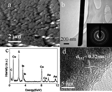 SEM (a), TEM (b) and SAED (inset of b) and HRTEM (d) images and EDX spectrum(c) of the as-prepared CuInS2 nanowires array.