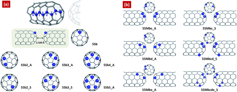 Schematic of the two facing multi-N-doped capped carbon nanotubes according to the number of doped nitrogen atoms and their conformations compared to that of single-N-doped capped CNT(5,5) junction, 55b. Models of (a) have nitrogen atoms at only “b” doping site (b-site_multi-N-doped CNTs), and models of (b) have nitrogen atoms at several doping sites, a,b,c,d and e (multi-site_multi-N-doped CNTs). The models are notified by 55Msn_AS, where “55” means armchair(5,5), “M” means multi-site doping, “s” is nitrogen doping site, “n” mean the number of doped nitrogen atoms, and “AS” indicates aggregated or separated conformation. The distance between two facing multi-N-doped CNTs is fixed to 3.509 Å as described in ref. 63.