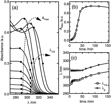 (a) Time dependence of the absorbance spectra for the colloidal synthesis of ZnO nanoparticles from 1 mM ZnCl2, 1.6 mM NaOH, and 50 mM H2O; the dots and dashed arrows indicate the evolution of the absorbance maximum and wavelength values at half of the absorbance maximum, λ1/2. (b) shows the absorbance maximum versus reaction time, while (c) shows the time evolution of λ1/2 and the absorption edge λg.