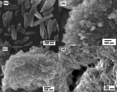 FESEM images of hydrothermally synthesized TiO2 and titanates in (a) 3 mol L−1 HCl, (b) pH = 13, (c) pH = 14 using TiS2 as precursor, and (d) titanate nanotubes in 10 mol L−1 NaOH using A-TiO2 as precursor.