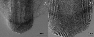 (a) HRTEM image and (b) a close up-view of the MoS2 nanotubes which reveal a half-octagonal capped structure making the cap of the nanotube.