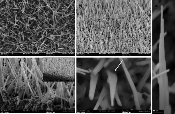 FESEM images of the 1-D flat ZnO nanotower arrays formed on glass slide substrate at 550 °C: (a) low magnification top view and (b) side view; (c) high magnification side view of the base of the ZnO nanotower arrays; the inset of (c) is the corresponding low magnification side view; (d) high magnification top view of a few nanotowers indicating flat structure; and (e) a typical ZnO nanotower with stages clearly observed.