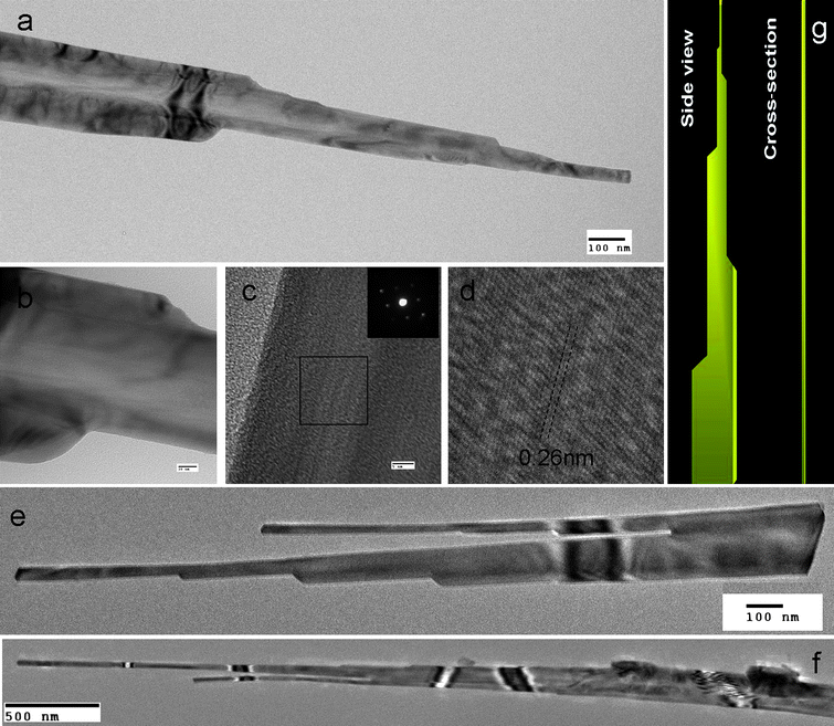 TEM images of the ZnO nanotowers: (a) the stages in the flat nanotower clearly observed in the low magnification image; (b) high magnification view of the stages; (c) HRTEM image of the nanotower and the inset showing a selected area diffraction pattern; (d) close-up view of the area highlighted in (c) clearly shows the single crystal structure; (e) ZnO nanotower with branch at the basal section; (f) a typical ZnO nanotower with ripple like contrast and branch at the tip section; and (g) illustration to show the structure.