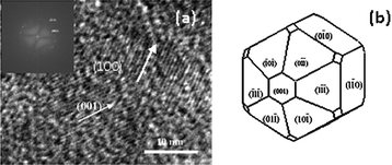 HRTEM image of HA prepared with citric acid ligand (a) (Inset: FFT image of corresponding HA), Schematic representations of estimated morphology of HA with ligands (SHAPE software) (b).