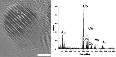 HRTEM image and EDX spectrum of a Co–Au magnetic NP. Scale bar 2 nm.