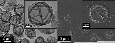 (A) Transmission electron micrographs and (B) scanning electron micrographs of poly(methacrylic acid) capsules at pH 7. Reproduced by permission of The American Chemical Society from ref. 85: Connal et al., Chem. Mater., 2009, 21, 576–578. DOI: 10.1021/cm803011w. Copyright 2009 American Chemical Society.