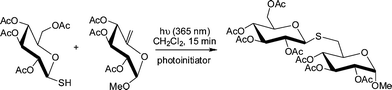 Radical-induced thiol-ene coupling between a peracetylated glucosylthiol and a hex-5-enepyranoside under photochemical conditions.