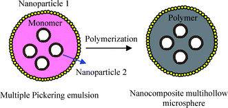 A schematic representation of suspension polymerization based on a multiple Pickering emulsion for preparing nanocomposite multihollow polymer microspheres.