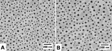 Transmission electron microscopy (TEM) images of (A) nanoparticles without taxol with a size of 53 nm and (B) nanoparticles encapsulated with 11.3% taxol with a size dimension of 57 nm.