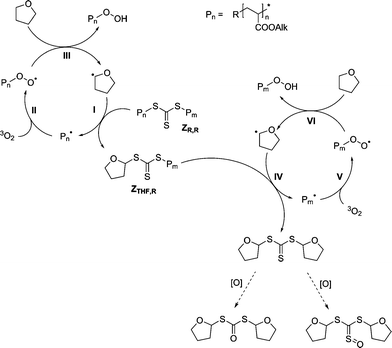 Pathway for the radical conversion of the symmetrical trithiocarbonate group into a hydroperoxyl group.