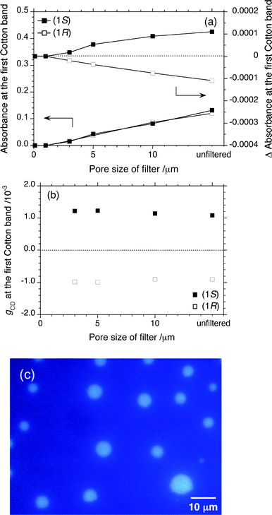 Changes in CD/UV-vis intensities (■, 1S; □, 1R) of PF10-150 K aggregates at 25 °C, with stirring at 800 rpm (CW), as a function of membrane filter pore size. (a) Difference in absorbance (left and right circular polarised light) of UV-vis band at 428 nm as a function of membrane filter pore size. (b) The gCD value at 428 nm as a function of membrane filter pore size. (c) Fluorescence optical micrograph of microsphere due to PF10-150 K (unfiltered) aggregate excited at 365 nm. [FL repeating units] = 2.5 × 10−5 mol L−1 in the form of dispersions in 1S/chloroform/methanol (0.7/0.3/2.0 (v/v/v)).