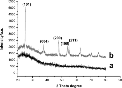 XRD patterns of titania particles: (a) P(EGDMA-co-MAA)/P(EGDMA-co-VPy)/TiO2; (b) hollow titania spheres after calcination.