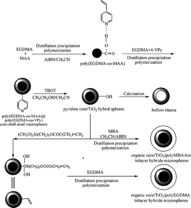 Preparation of P(EGDMA-co-MAA)@P(EGDMA-co-VPy)/TiO2/PMBAAm and P(EGDMA-co-MAA)@P(EGDMA-co-VPy)/TiO2/PEGDMA tetra-layer microspheres.