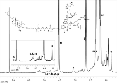 
          
            1H NMR spectrum of Cholesteryl-PCL-b-(di-Boc-l-lysine)G2 (7). The spectrum was recorded in CDCl3.