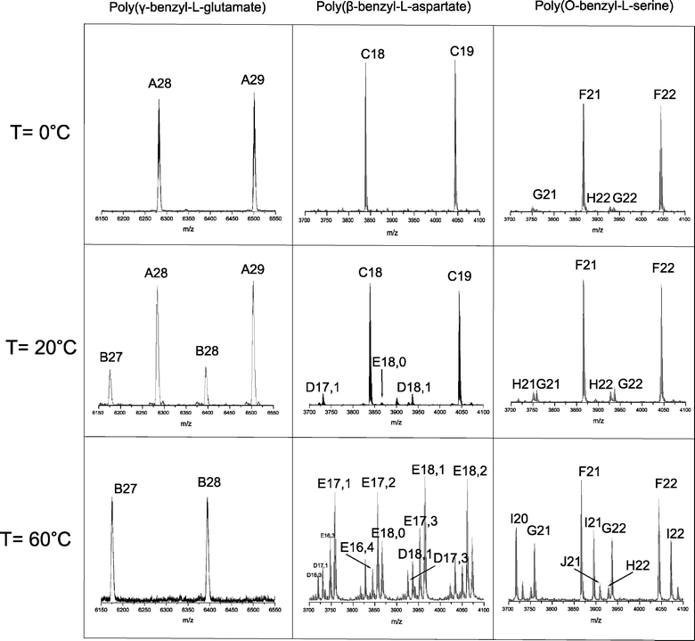 MALDI-ToF-MS results of PBLG, PBLA and PBLS obtained at different temperatures. Letters in peak assignments refer to structures shown in Fig. 2; numbers denote the degree of polymerization. For the poly(β-benzyl-l-aspartate) the first number refers to the β-benzyl-l-aspartate units and the second number to the anhydrides units in the formed copolymers. All samples were measured with potassium trifluoroacetic acid (KTFA).