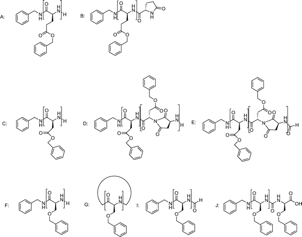 Structures identified in the NCApolymerization of BLG, BLA and BLS. The letters refer to the MALDI-ToF peak assignment in Fig. 1.