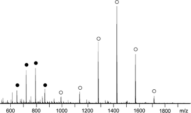 
          ESI mass spectrum of PLA (Table 1, entry 1) simply (○) and doubly (●) charged (observed charges: Na+).