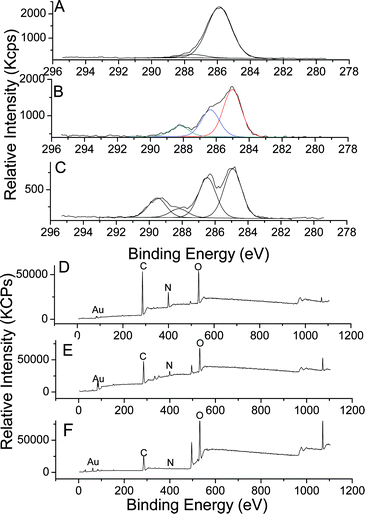 XPS spectra of GNPs modified polymers by the LbL process; C (1s) spectra of: A—GNPs/PEI; B—GNPs/PEI/PAA; C—GNPs/PEI/PAA-g-POEGMA; and wide spectra of D—GNPs/PEI; E—GNPs/PEI/PAA; F—GNPs/PEI/PAA-g-POEGMA.