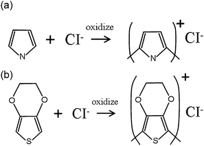 Polymerization of (a) PPy and (b) PEDOT from its respective monomer. The counterion (CI) is incorporated into the polymer film.