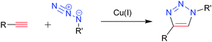 The azide–alkyne Huisgen cycloaddition, a 1,3-dipolar cycloaddition which yields a 1,2,3-triazole ring.