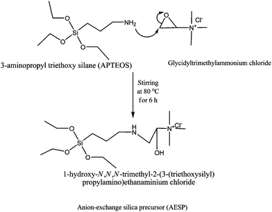 The synthetic reaction route for the preparation of anion-exchange silica precursor (AESP).