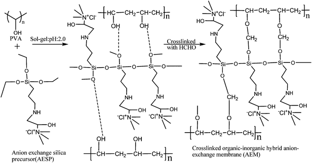 A schematic of the route for the preparation of organic-inorganic hybrid anion-exchange membrane (AEM).