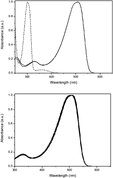 Solution UV-Vis absorption spectra of all copolymers in THF. Top: copolymers 6 (), 7 () and 8 () (the spectra of 7 and 8 are virtually indistinguishable from each other). Bottom: copolymers 8, 18, 19, 20, 21, 22, 23 and 24 () (no significant changes are observed upon functionalization).