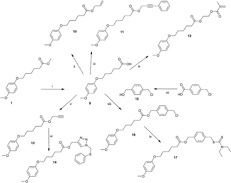 Synthesis of model compound 9 and further functionalizations to give compounds 10–17 (i: KOtBu, H2O, MeOH, 50 °C; ii: DCC, DMAP, CH2Cl2, allylalcohol; iii: DCC, DMAP, CH2Cl2, 3-phenyl-2-propyn-1-ol; iv: DCC, DMAP, CH2Cl2, 2-hydroxyethyl-methacrylate; v: DCC, DMAP, CH2Cl2, propargylalcohol; vi: PMDETA, Cu(i)Br, azidomethyl phenyl sulfide, THF; vii: BH3·THF, THF; viii: DCC, DMAP, CH2Cl2; ix: sodium diethyldithiocarbamate trihydrate, THF).