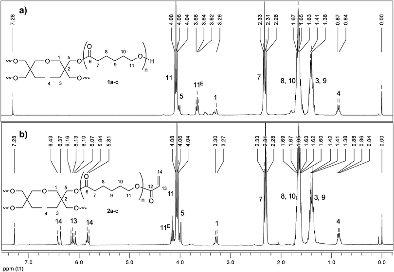 
            1H NMR spectra of star-shaped PCL 1a and sPCL-A 2a.