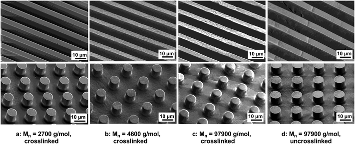 Large area patterns of the resins/polyester. SEM images of crosslinked RCL-A 3a–c (a–c) and uncrosslinked sPCL-A 2c (d).