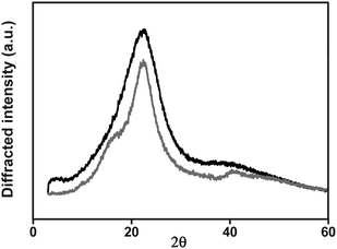 X-Ray diffraction patterns of polyamide I (black line) and III (grey line).