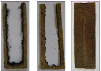 Horizontal spread test according to FMVSS of virgin hemp nonwoven, virgin PLA film applied on hemp nonwoven and intumescent PLA film applied on hemp nonwoven and intumescent (from the left to the right respectively).