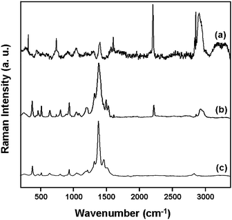 Raman spectra recorded for (a) uncoated TEMs, (b) 1.5 wt% PEDOT-coated TEMs and (c) PEDOT bulk powder.