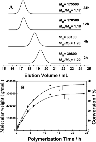 A: GPC traces of the block copolymers obtained at different polymerization times, and B: The relationship of molecular weights and conversion with the polymerization time for RAFT polymerization with feed molar ratio of P4VP/St/AIBN = 10 : 100000 : 1 in methanol (St: 2.08 g; methanol: 1.1 g) at 80 °C for different polymerization times.