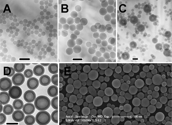 TEM images of the vesicles prepared by RAFT polymerization with a feed molar ratio of P4VP/St/AIBN = 10 : 100000 : 1 at 80 °C in methanol (St: 2.08 g; methanol: 1.1 g) for different polymerization times, A: 2 h; B: 3 h; C: 4 h and D: 24 h, respectively. FESEM image of the vesicles obtained at 24 h (E). The scale bar is 100 nm for A and B, 200 nm for C and D, and 500 nm for E.