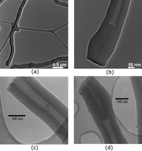 TEM images of fibers obtained from the polymerization of 55 wt% DVB and 45 wt% of ST in hexanes at 25 °C.