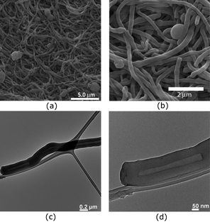 SEM (a and b) and TEM (c and d) images of fibers obtained from the polymerization of 50 wt% of DVB and 50 wt% of ST in hexanes at 25 °C.