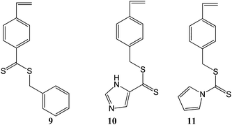 The RAFT branching monomer 9 designed by Yang et al. [11] and the monomers that place the dithioate ester at the chain ends, 10 and 11, reported by Carter et al.27,28