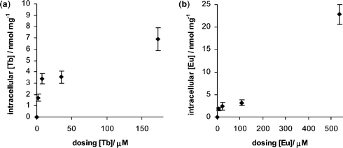 Intracellular lanthanide concentrations as a function of dosing concentrations for CHO cells incubated for 4 h with (a) [Tb.L4]Cl3 and (b) [Eu.L5]Cl3.