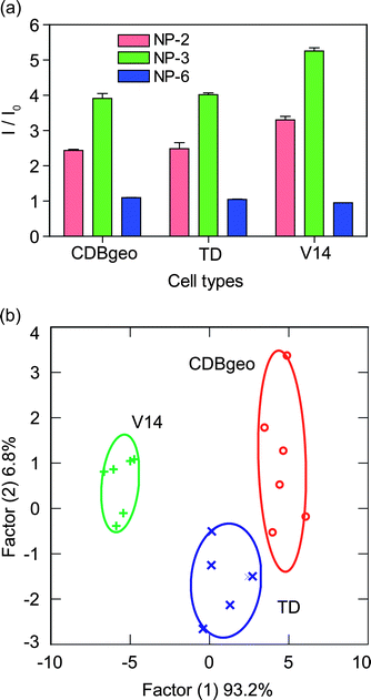 Detection of isogenic cell types using cell surfaces: (a) change in fluorescence intensities (mean of six replicates) for three cell lines of the same genotypic background using NP-GFP complexes; (b) canonical plots of discriminant scores for all obtained data points against the isogenic cell types.