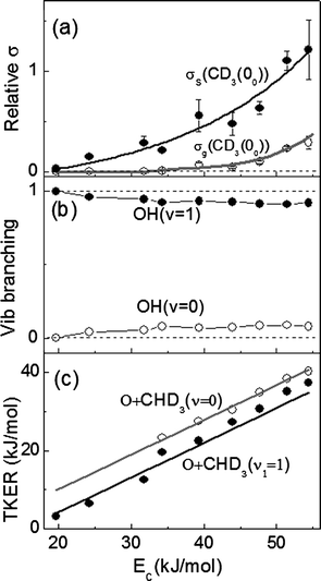 
          (a) The normalized excitation functions for the ground state (σg) and the stretch-excited (σs) reactions as the major methyl product CD3(v = 0) was probed. The error denotes one standard deviation. The lines are visual guides. (b) The OH vibrational branching fraction, typical error of ±3%, in the O(3P) + CHD3(v1 = 1) → OH(v) + CD3(00) reaction. (c) Dependence of total kinetic energy release (TKER) on Ec for the ground state (○) and stretch-excited (●) reactions. Two straight lines are the respective predictions based on a kinematic model (see text).