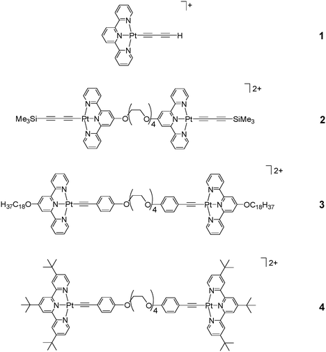 Structure of the mononuclear and dinuclear alkynylplatinum(ii) terpyridyl complexes 1–4.